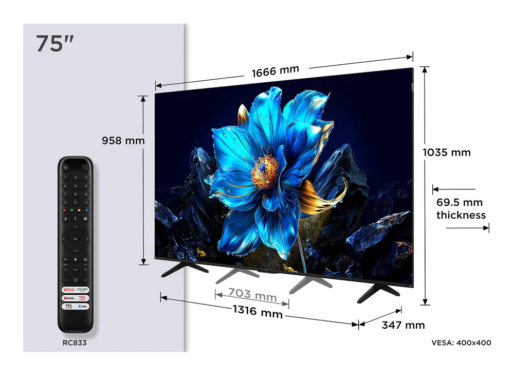 Televizor TCL 75P7K/QLED/75"/4K UHD/60Hz/Google TV/crna