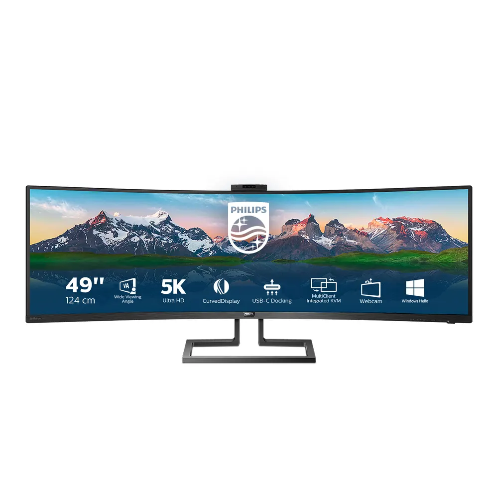 Monitor PHILIPS 499P9H/00 49"/VA,zakrivljen,32:9/5120x1440/70Hz/5ms GtG/HDMIx2,DP,USB,RJ45/kamera