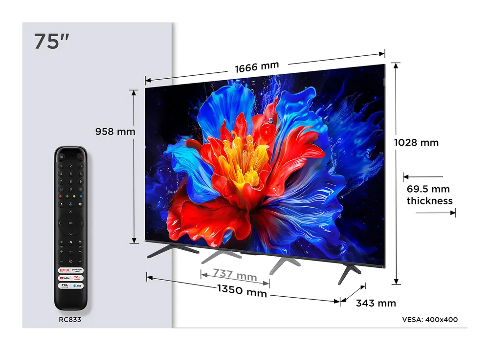 Televizor TCL 75P8K/QLED/75"/4K UHD/144Hz/Google TV/crna