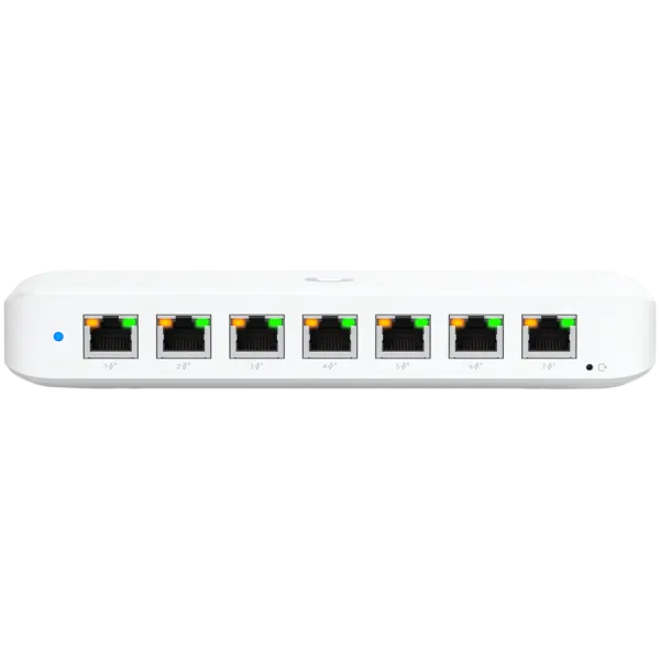 Ubiquiti USW-Ultra-210W-EU compact, Layer 2, 8-port GbE PoE switch with versatile mounting options, 7x GbE PoE+ output ports, GbE port with optional PoE++ input, 202W PoE availability with the included AC power adapter