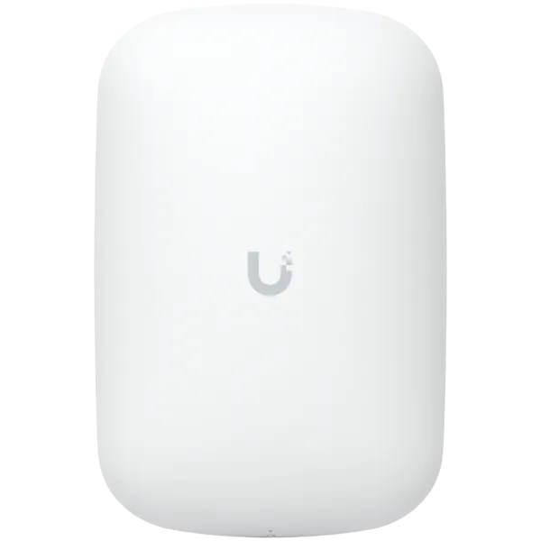 UBIQUITI U6 Extender; WiFi 6; 6 spatial streams; 115 m² (1,250 ft²) coverage; 300+ connected devices; Powered with standard AC wall outlet; Wireless uplink to UniFi WiFi.