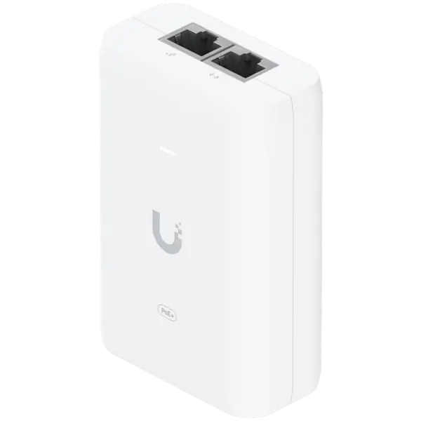 Ubiquiti U-POE+ adapter 30W, powers UniFi PoE+ devices, reduce dependency on PoE switch power, Contains RJ45 data input, AC cable with earth ground, and PoE+ output