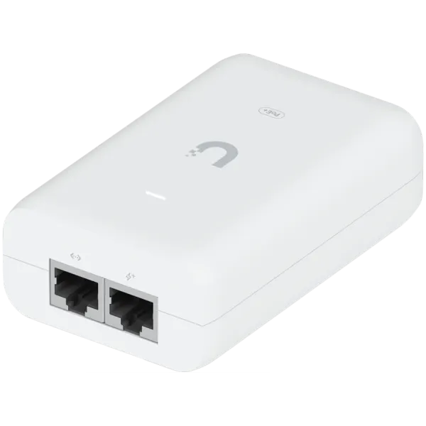 UBIQUITI PoE+ Adapter; Delivers up to 30W of PoE+; Additional power drives devices such as U6 LR, U6 Enterprise, Camera DSLR, and other PoE+ devices; Surge, peak pulse, and overcurrent protection; Contains RJ45 data input, AC cable with earth ground, and PoE+ output; LED indicator for status monitoring.