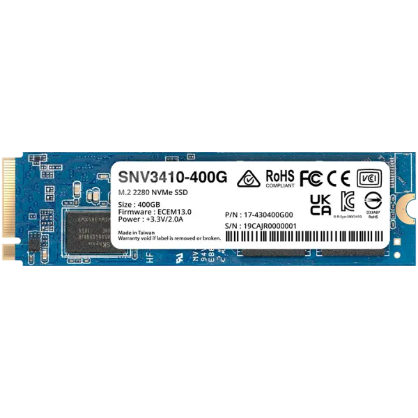 Synology SNV3410 400GB Enterprise NVMe m.2 2280 SSD, NVMe PCIe 3.0 x4, Read/Write(128 KB, QD32) 3,000 /750 MB/s, MTBF : 1.8 million hours