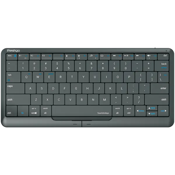 Prestigio Click&Touch 2, wireless multimedia smart keyboard with touchpad embedded into keys, auto-switch between keyboard and touchpad modes, touch multimedia sliders, left and right physical "mouse" buttons, connects up to 5 devices via Bluetooth and Type-C, Clevetura App. KB layout: ENG, color: space grey