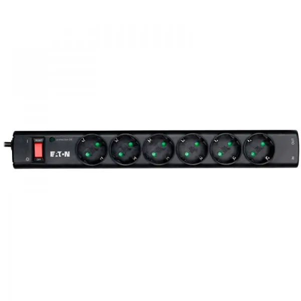 Eaton Protection Strip 6 DIN, 10A, 2500W; Input: Schuko, Outputs: (6) Schuko; Power Cord Lenght 1m; Over voltage protection; On/Off switch; LED indication; 2yr warranty