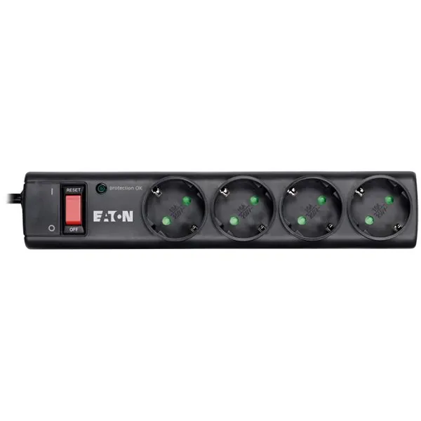 Eaton Protection Strip 4 DIN, 10A, Input: Schuko, Outputs: (4) Schuko; Power Cord Lenght 1m; Over voltage protection; On/Off switch; LED indication; 2yr warranty
