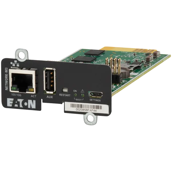 Eaton Network Managment Card - M3; Web/SNMP communications; Ethernet 10/100/1000BaseT; For UPS: 5P, 5PX, 5PX G2, 5SC Rack, 9PX, 9PXM, 9SX, 9130, Ferrups FX, 9E, 93PS, 91PS, 91PS Monoblock, 93E PDU: ATS rack PDU (EATS115, EATS120, EATS220)