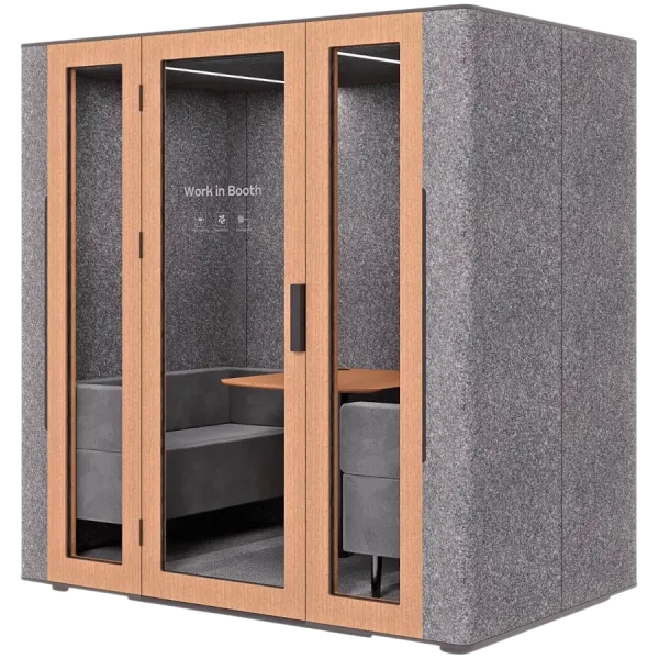 WORKBOOTH Four Acoustic booth with Media hub integration spot, Blind, Light grey felt, natural oak, Jazz Graphite fabric for sofa