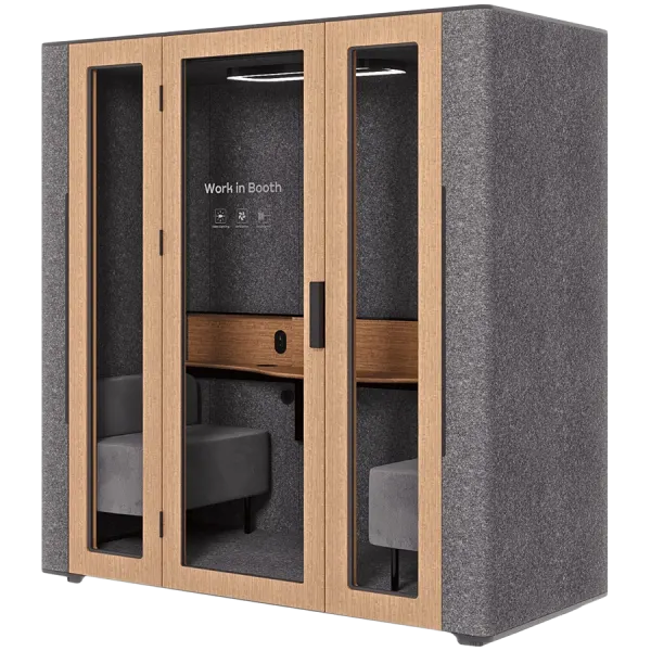 WorkBooth Two with Media hub integration spot, Blind back wall, Light grey felt, natural oak veneer, Jazz Graphite fabric for sofa