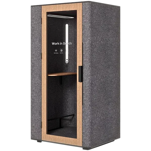 WORKBOOTH One Acoustic booth with Media hub integration spot, blind back wall, light grey felt, natural oak veneer