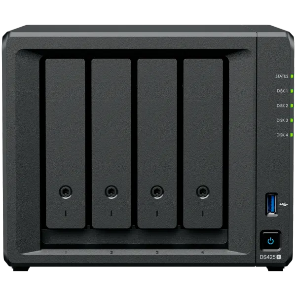 Synology DiskStation DS425+ Tower, 4-Bays 3.5'' SATA HDD/SSD, 2 x M.2 2280 NVMe SSD slot, CPU Intel Celeron J4125  4-core 2.0 GHz, 2 GB DDR4 non-ECC SODIMM, 1x RJ-45 2.5 GbE LAN, 1x RJ-45 1GbE LAN Port; 2x USB 3.2;  2.18 kg; 3yr warranty