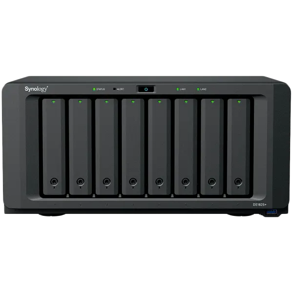 Synology DiskStation DS1825+, Tower, 8-BAY 3.5'' SATA HDD/SSD,  2xM.2 2280 NVMe SSD, CPU AMD Ryzen Quad-Core 2.2 GHz, 8GB DDR4, 2xRJ-45 2.5GbE LAN Port, 3xUSB 3.2, 2 x USB-C expansion ports (Expandable to 18 Bays with 2 x DX525), 1xGen3 x8 PCIe,3y