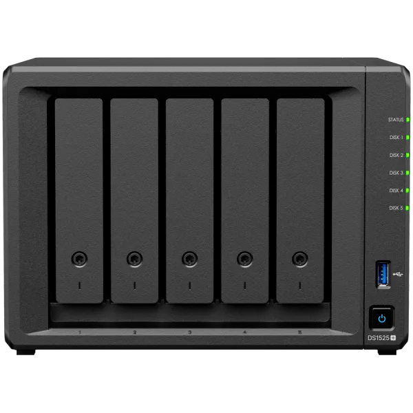 Synology DiskStation DS1525+ Tower, 5-Bays 3.5'' SATA HDD/SSD, 2 x M.2 2280 NVMe SSD slot, CPU AMD Ryzen V1500B 4-core 2.2 GHz, 8 GB DDR4 ECC SODIMM, 2x RJ-45 2.5 GbE LAN Port; 2x USB 3.2; 1 xUSB Type-C expansion port; 2.67 kg; 3yr warranty