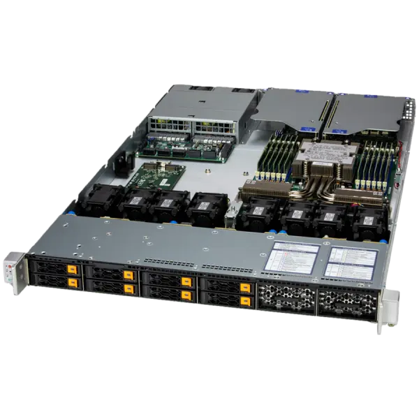 SUPERMICRO assembled server based on AS-1116CS-TN, Turin 9575F CPU, 2x 32GB DDR5-6400, SSD 2.5" NVMe PCIe4 960GB, AIOM G3 x4 2x 10GbE RJ45 Intel X550-AT2, AOC-STGS-I2T-O, 2x PWS-2K09A-1R, CBL-MCIO-1245M5RE