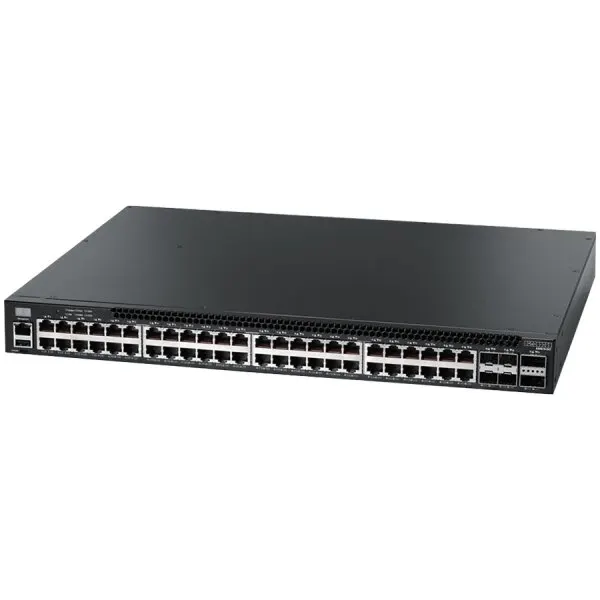 AS4610-54T, 48-Port GE RJ45 port + 4x10G SFP+, 2 port 20G QSFP+ for stacking, Broadcom Helix 4, Dual-core ARM Cortex A9 1GHz, dual 110-230VAC 150W hot-swappable PSUs, system fan-less design, PSUs w/ port-to-power airflow, RJ45 Console