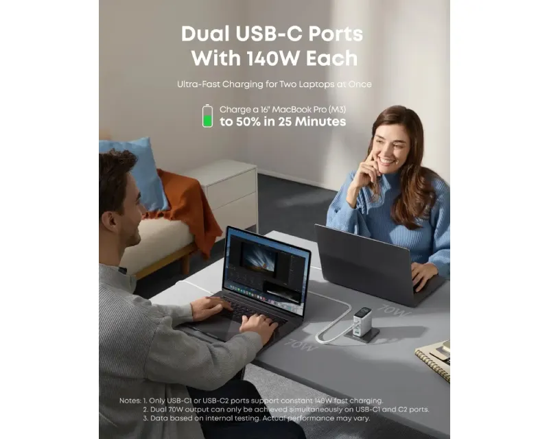 140W GaN zidni brzi punjač, 4-porta (3x USB-C i 1x USB-A) sa USB-C M/M pletenim kablom, srebrni