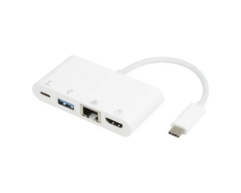 Adapter USB 3.1 tip C (M) - HDMI + USB3.0 + RJ45 + tip C (F) beli