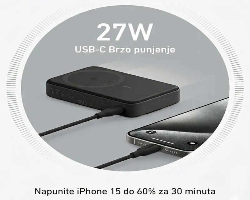 MagGo 10000mAh, 27W, bežični power bank, crni
