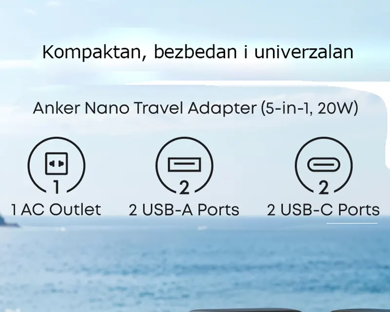 Nano 20W putni zidni punjač 5-portova (2x USB-A, 2x USB-C, utičnica EU na US, UK, AU i EU), crni