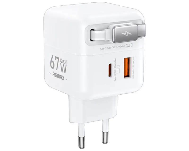 Strujni Fast teleskopski punjač Dolly GAN (1x USB Tip-A 3.0 +1x USB Tip-C) 67W, sa integrisanim USB Tip-C kablom 0.5m, beli